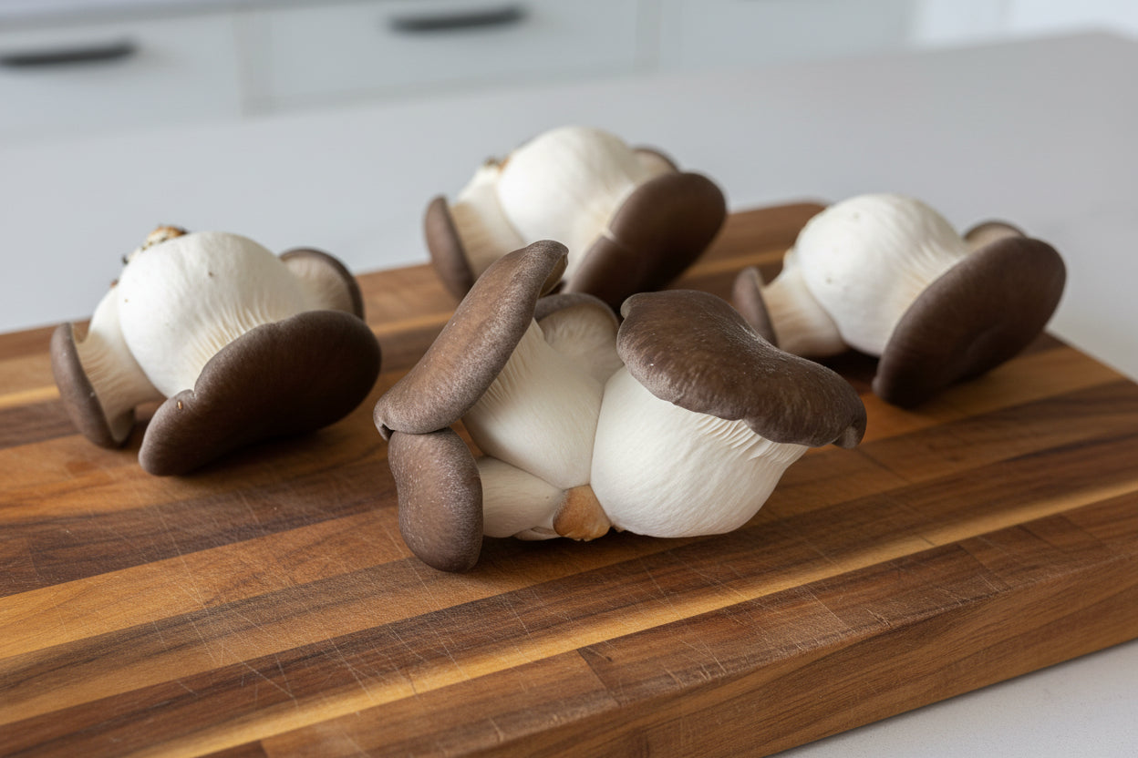 Black King Oyster Mushrooms on a chopping board